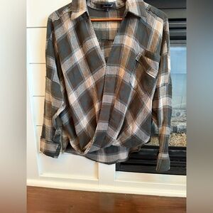 Funktional women’s size small Plaid Wrap Blouse - Brown & Cream 💯 stylish 90’s